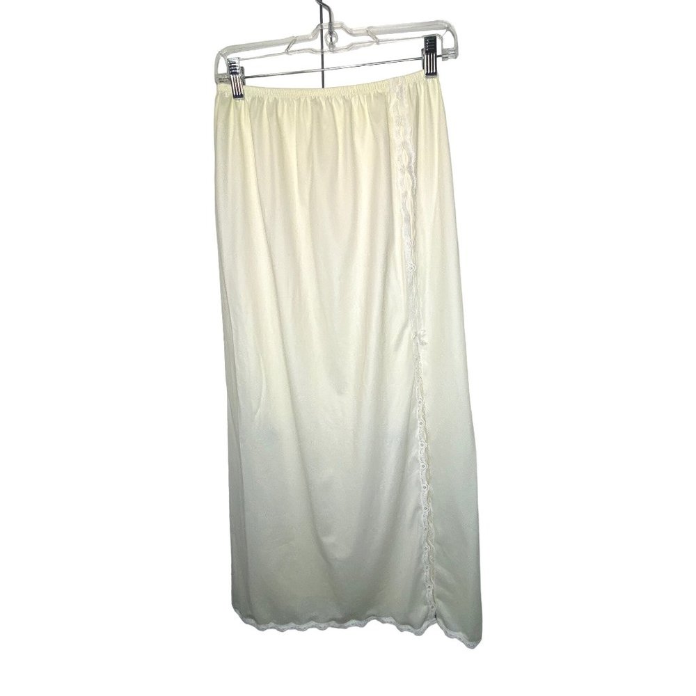 Vintage Vanity Fair Ivory Nylon Long Half Slip Lace Slit Bows Medium